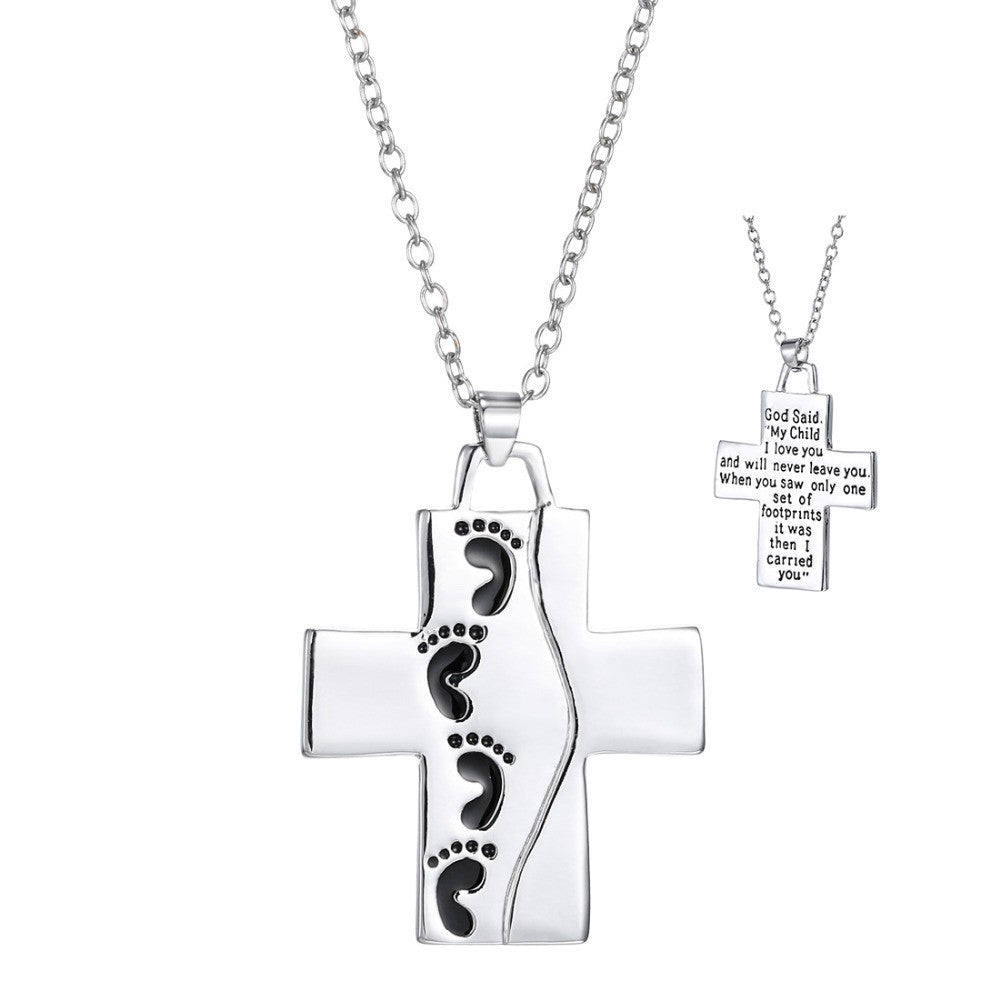 God Said On Back Footprints Cross Pendant Necklace