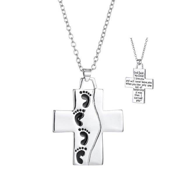 God Said On Back Footprints Cross Pendant Necklace