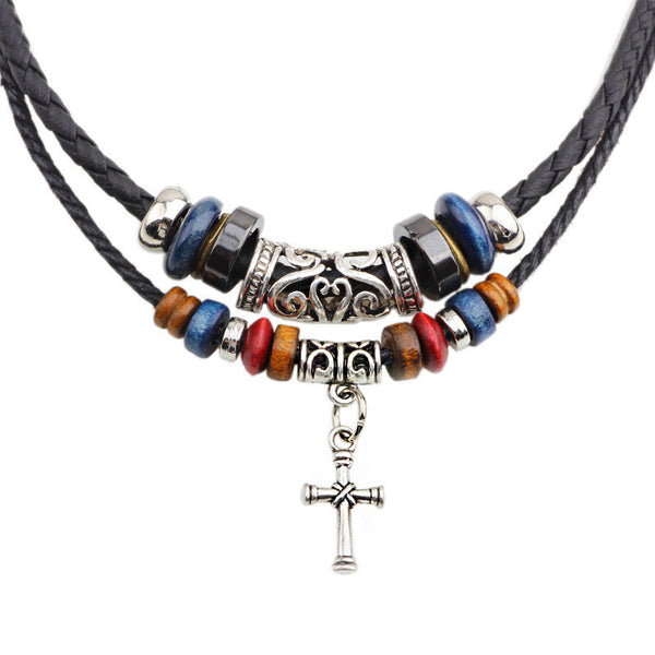 Double Root Beaded Cross Necklace