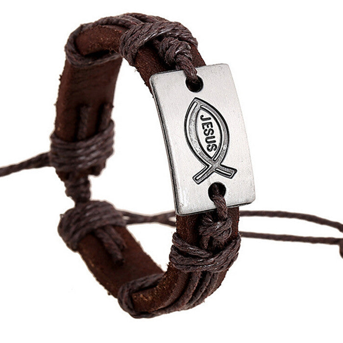 Leather Jesus Fish Bracelet